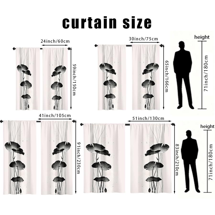 

2PCS, Black and White, Ink Wash Lotus Leaf Print Curtains, for Bedroom and Living Room, Rod Pocket Style 24x59in(60x150CM)x2&Rod Pocket&2 panels