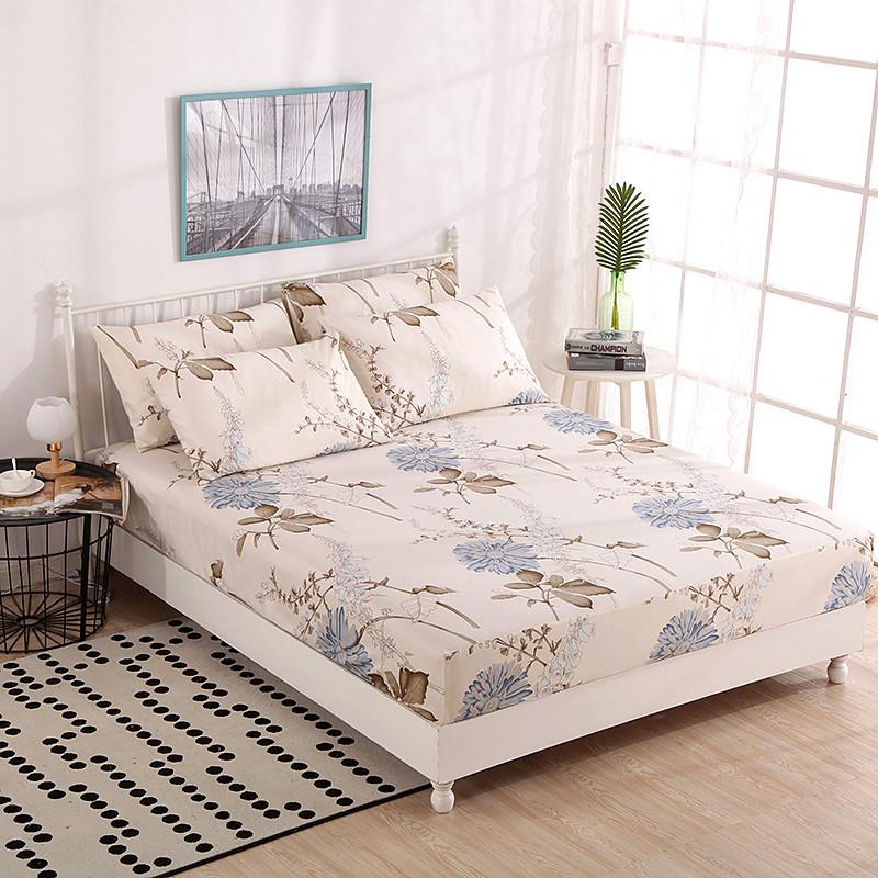 Plant Printing Bed Sheet Fitted Sheet with Pillowcase Elastic Bands Non Slip Adjustable Mattress Cover for Double King Queen Bed