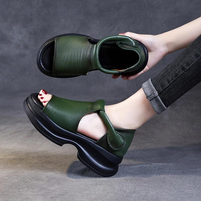 Fashion 5CM Summer Shoes Women Thick Heel Sandals New Design Hook&Loop Genuine Leather Open Toe Casual Platform Sandals Ladies Slippers