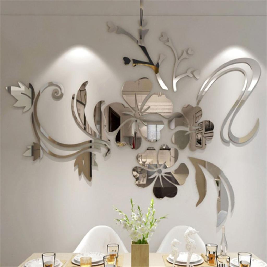 3D Mirror Mural Stickers Hibiscus Shaped Silver Acrylic Wall Sticker Decoration for Living Room