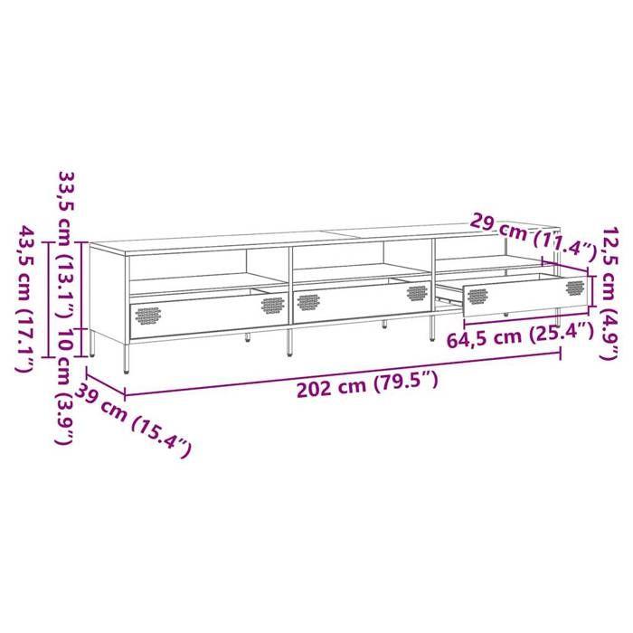 VidaXL Meuble TV noir 202x39x43,5 cm acier laminé à froid, support TV, buffet TV, armoire hifi, banc TV, armoire en métal, 851346
