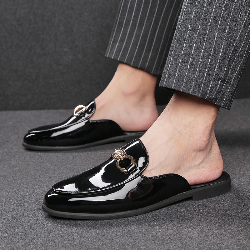New Men Metal Buckle Half Slippers Loafers Male Casual Patent Leather Mules Moccasins Breathable Slip On Driving Shoes
