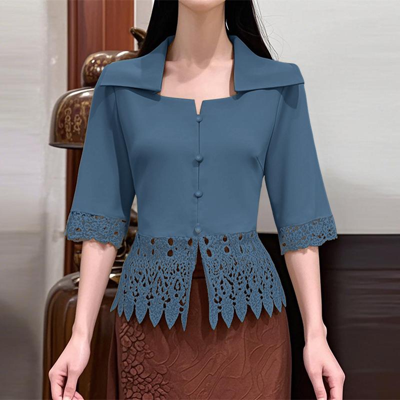 ZANZEA Women Elegant Shirt Collar 3/4 Sleeve Crochet Lace Patchwork Blouse