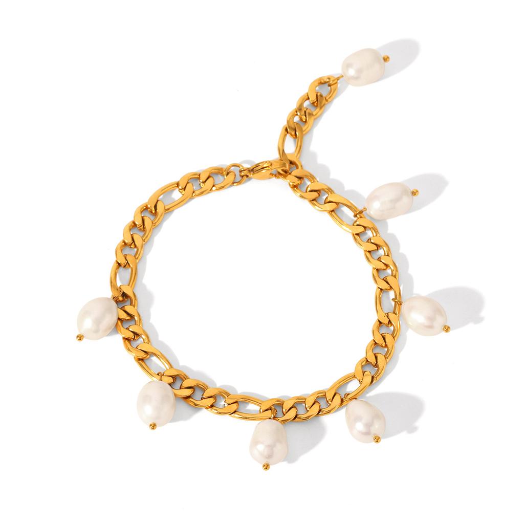 Natural Freshwater Pearl Anklet Stainless Steel Figaro Chain 18K Gold Plated Anklet Titanium Steel Fade-resistant