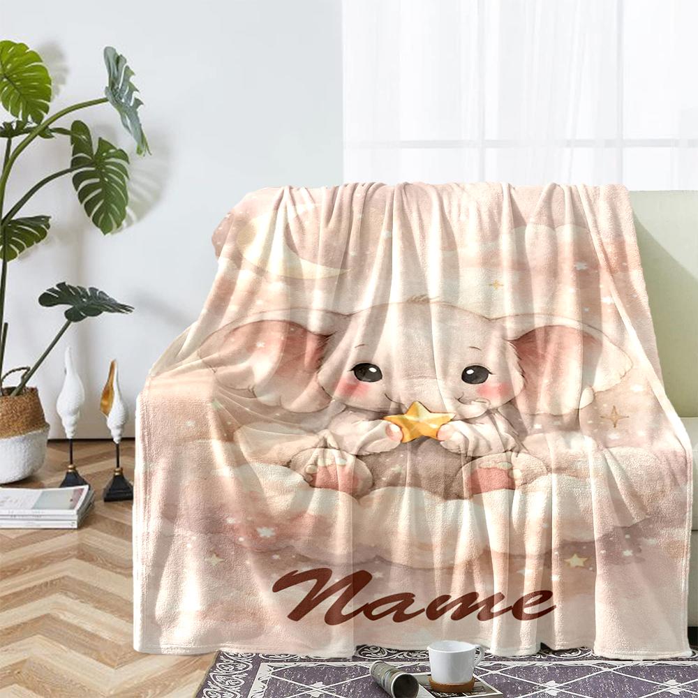 Custom Name A Elephant Theme Printed Blanket - Perfect for Couch, Bed, Travel & Outdoor Use | Machine Washable, Cozy & Durable.