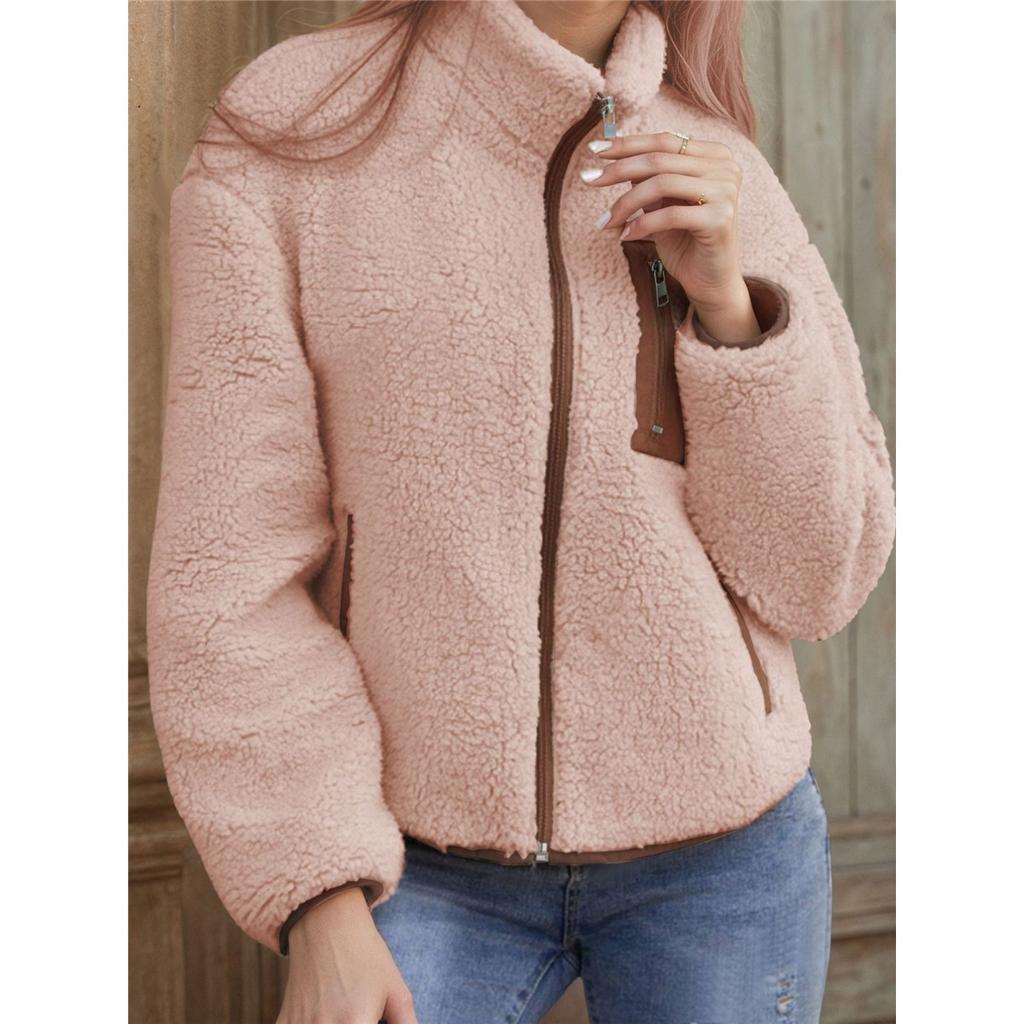 Women Fleece Zip‑Up Jacket Stand Collar Contrast Patch Pocket Long Sleeve Loose Warm Sherpa Coat Casual Outerwear