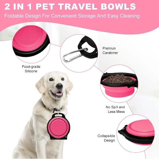 Collapsible Dog Bowls, Portable Travel Pet Feeder Bowl, 2 in 1 Expandable Silicone Pet Food & Water Double Bowl, Cat Feeder Dish with Carabiner for