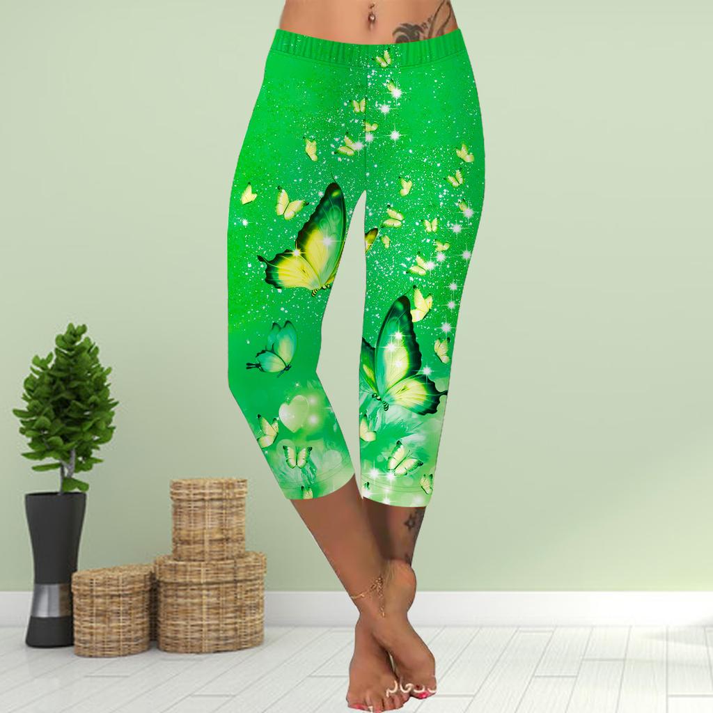 Pantaloni Estivi Leggings Corti Pantaloni Skinny Corti Tagliati Taglie Forti Leggins Donna Slim Pantaloni con Stampa Farfalla Lucida 3D