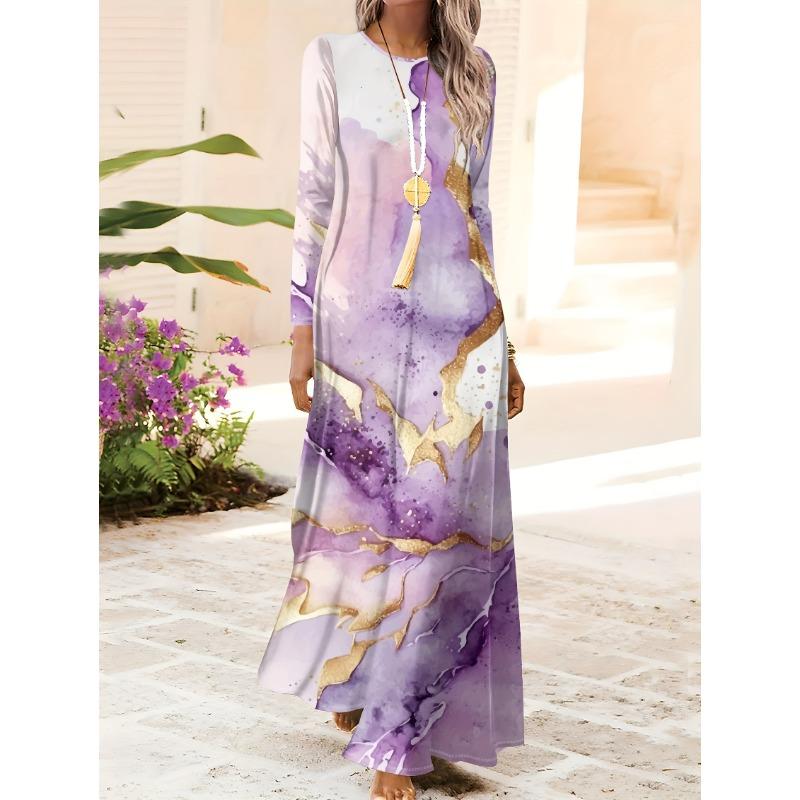 Fall Winter Elegant Long Sleeve Round Neck Dress for Women Vacation Style Purple Gold Watercolor Abstract Print A-Line Midi Dress Casual