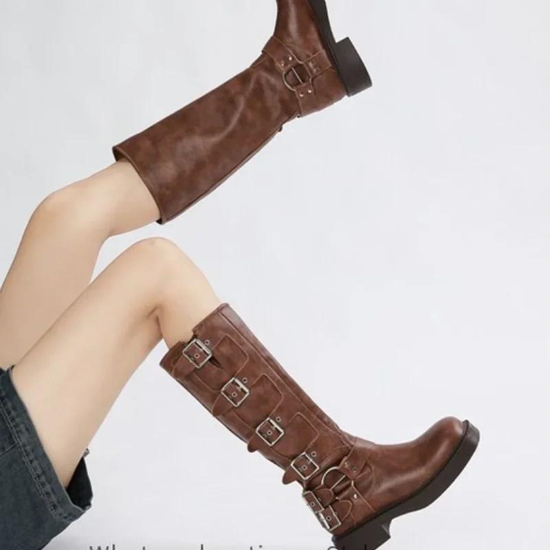 2024 New Hot Selling Knee High High Heels Low Heel Trend Punk Goth New Rock Leather Fashion Women's Boots Motorcycle Shoes