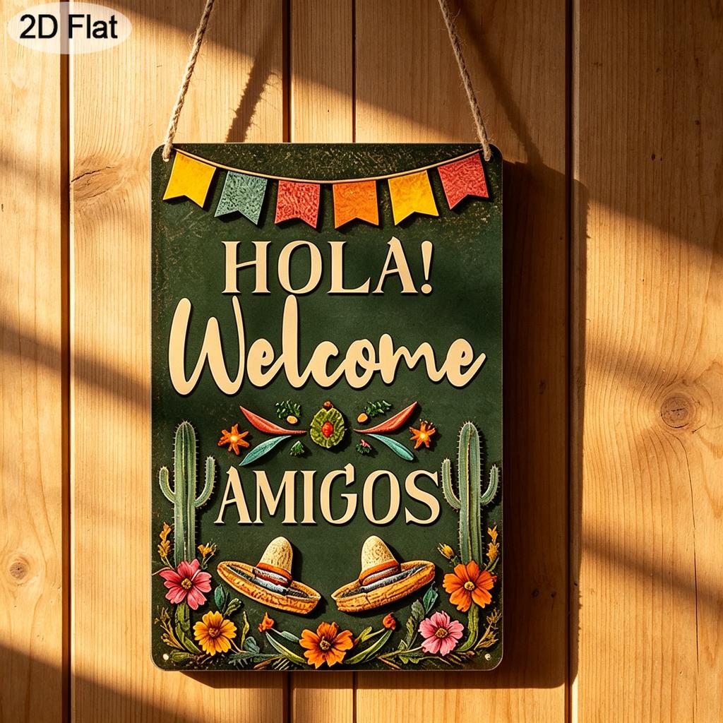 2D Flach 1 Stück Raum ist geschmückt mit Aluminium-Wandkunst Spruch 'Hola Amigos', Mit einem bunten Willkommensschild für eine mexikanische Party, Lebendiger Kaktus und