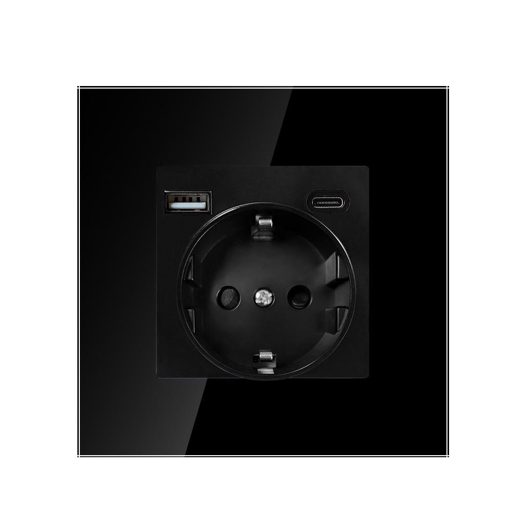 

European Standard Black Tempered Glass Wall Socket, Round Box, 16A, Single Socket