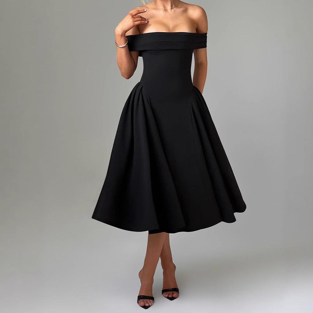 2026 Spring Fashion Solid Color Off-the-Shoulder Backless Bandeau Dress for Women XXL чёрный