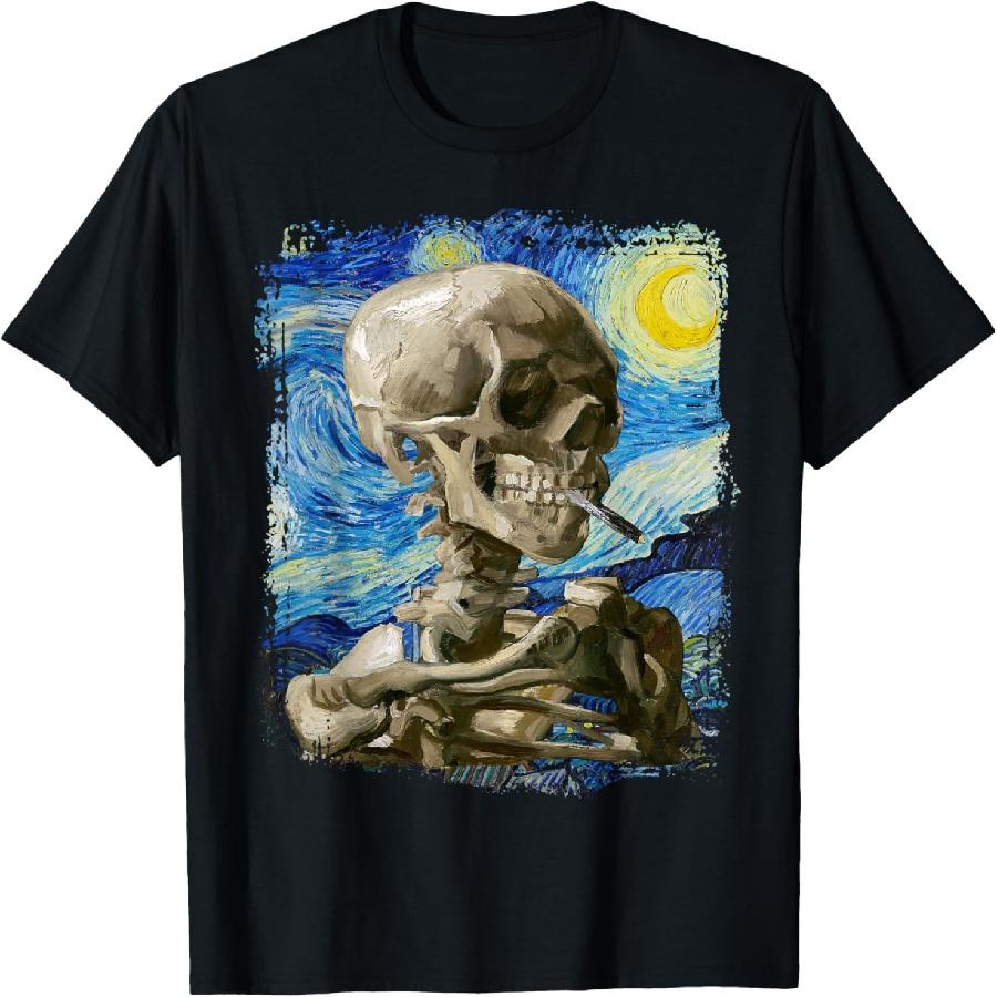 

Van Gogh Starry Night Smoking Skull Artistic T-Shirt - Men s Summer Cotton Graphic Tee 5XL різнокольоровий