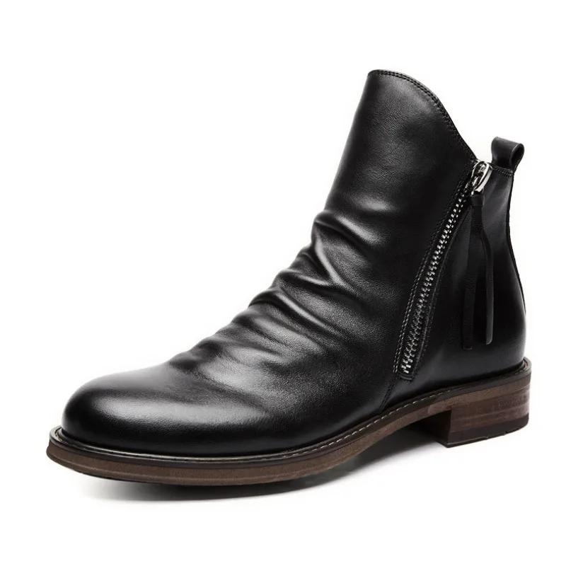 Men's Pu Boots 2024 Fashion Chelsea Boots Men's Comfortable High Top Zipper Boot Non-slip Flat Boots Men's Boot Cowboy Shoes