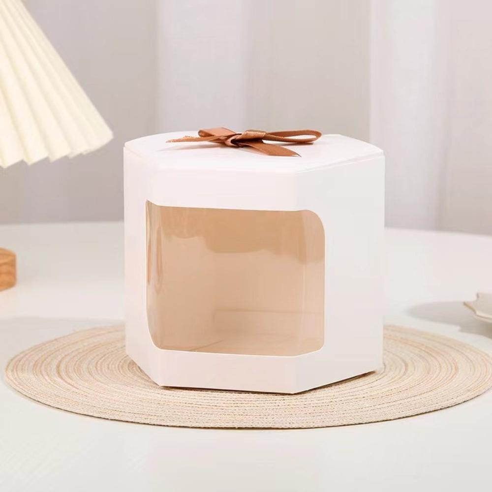 6Pcs Hexagonal Kraft Paper Box Transparent Window Handmade Gift Packaging Boxes with Ribbon Candy Cookies Box