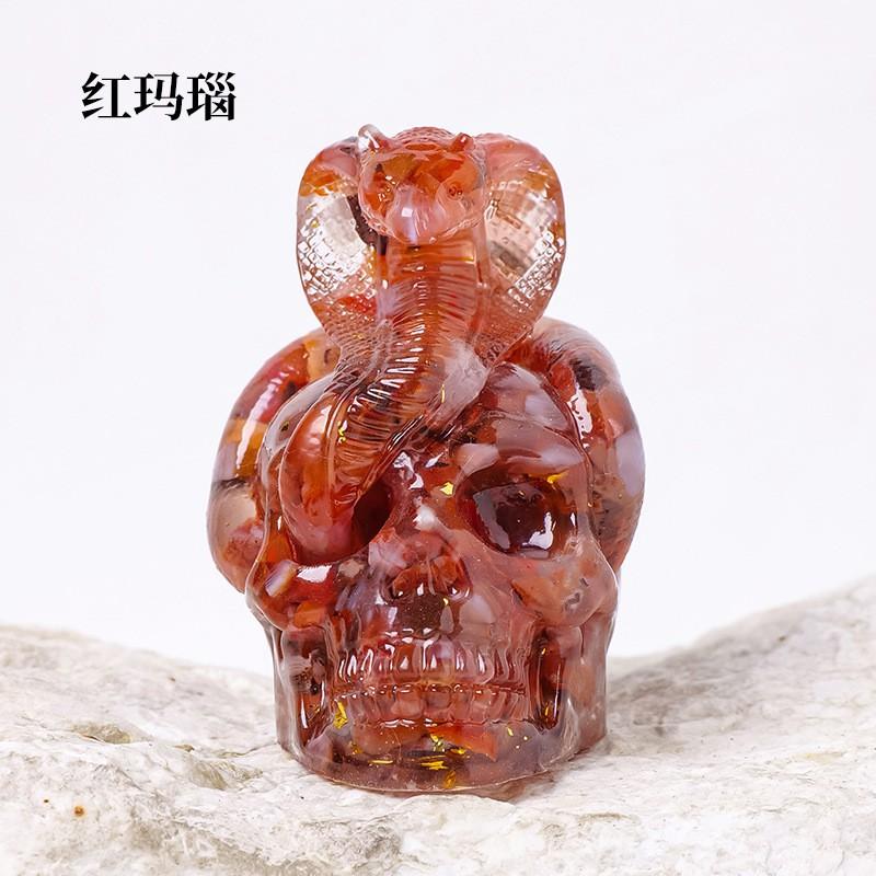 Natural Crystal Chips Resin Snake Wrapped Skull Ornament Halloween Bar Craft Decor