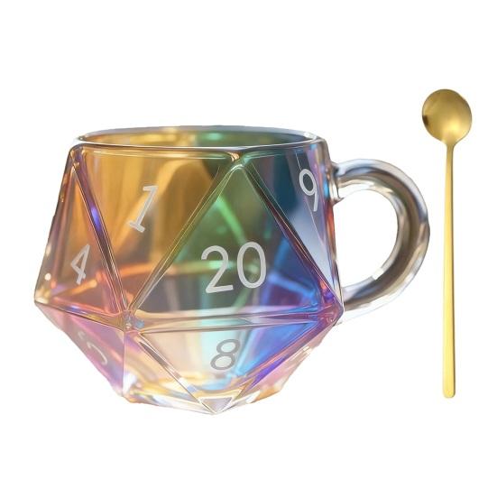 Rainbow D20 Dice Mug with Handle Colorful Polyhedral Glass Coffee Cup for Gamers Unique Gift for Tabletop RPG Fantasy Enthusiasts