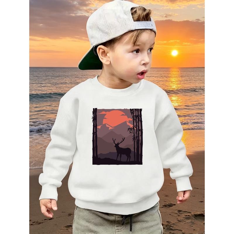European sizes Kids Trendy Forest Deer Pattern Print Casual Long-Sleeve Crewneck Sweatshirt / Comfortable Crewneck Long-Sleeve Base Layer 110