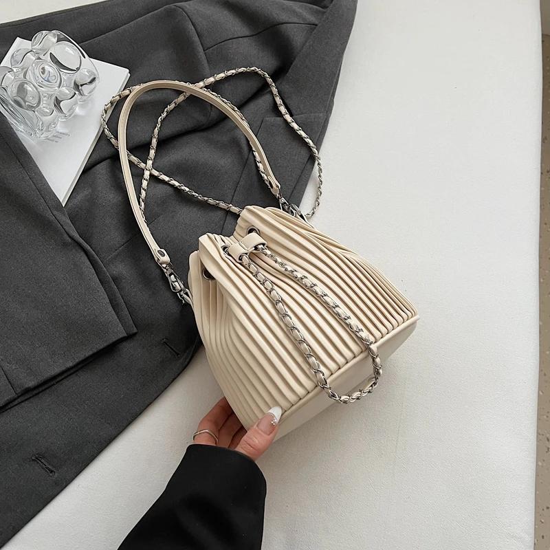 

Black Bag For Women Fashion Pleated Strape Design Shoulder Bag Trend Drawstring Bucket Crossbody Bag Lady Pu Leather Bag Brand Mini(Max Length 20cm)