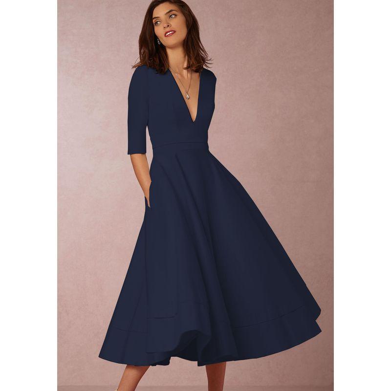 

Fashion Fashion Classy Fall New Arrival Pure Color Deep V-neck Sexy A- line Mid Length Long Length Half Sleeve Dress Female Dress Navy blue 3XL