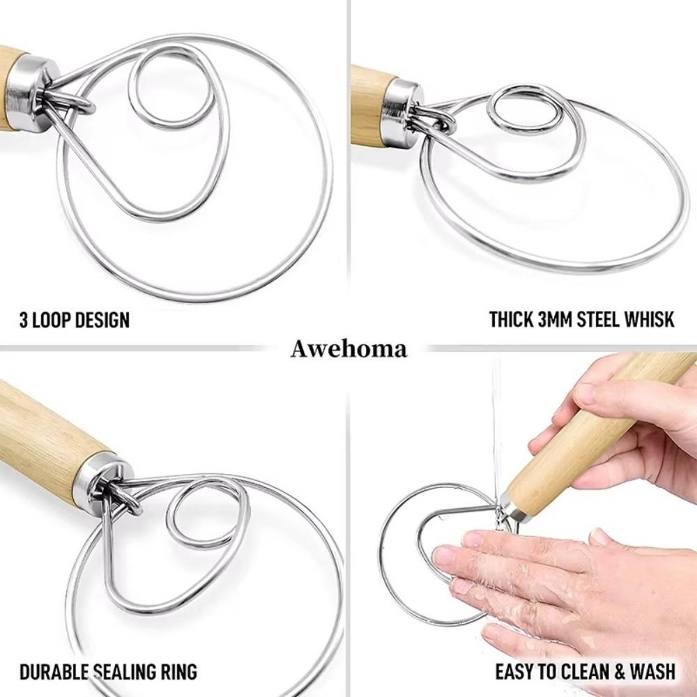New Stainless Steel Dough Blender Wooden Handle Coil Design Flour Blender Ergonomic Dough Whisk Kitchen Baking