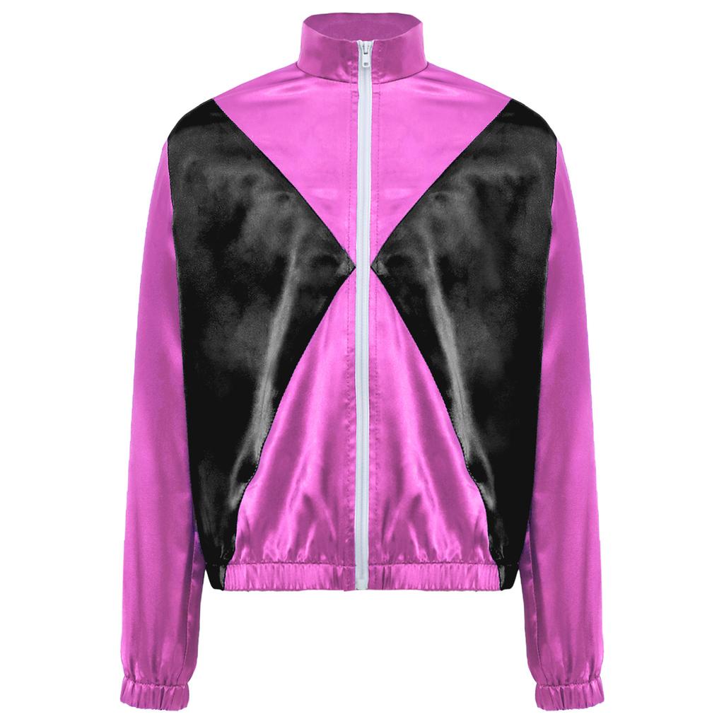 Kids Horse Rider Costume Color Block Mock Neck Zip Up Top Equestrian Training Competition Long Sleeve Outwear