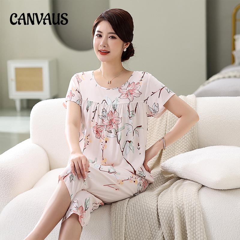 Costum de pijama din mătase din bumbac, set de două piese subțiri de vară pentru femei, îmbrăcăminte acasă cu mânecă scurtă, pantaloni de dormit de dimensiuni mari