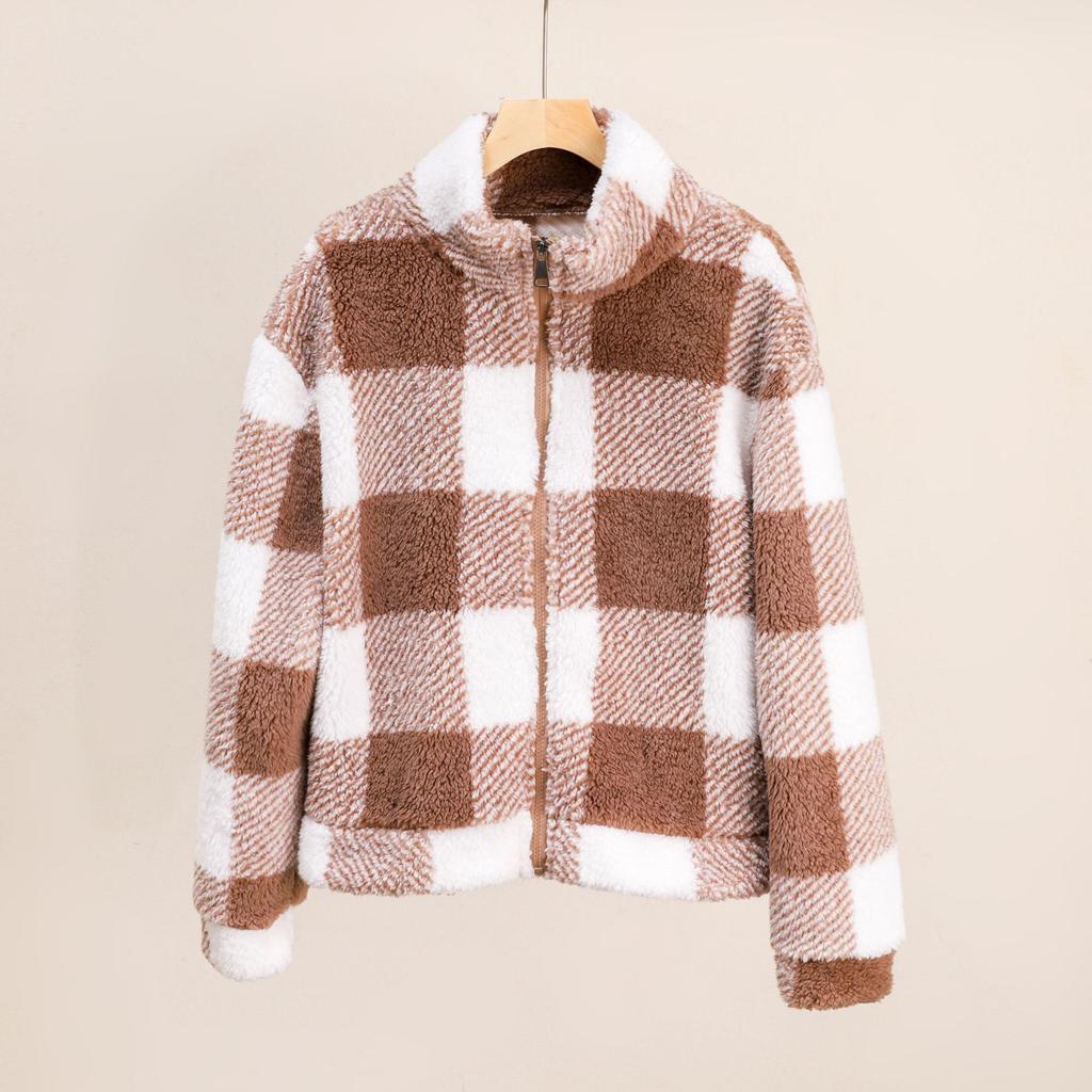 Checked Top Women's Long-sleeved Pullover Plaid Print Crew Neck Double-sided Plush Regular Plush Sweater
