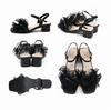 Vivian Ankle Strap Ruffled Tulle Sheer Sandals with 4cm Chunky Size S V33100SM Women's Heel, Black, (22.0-22.5cm),