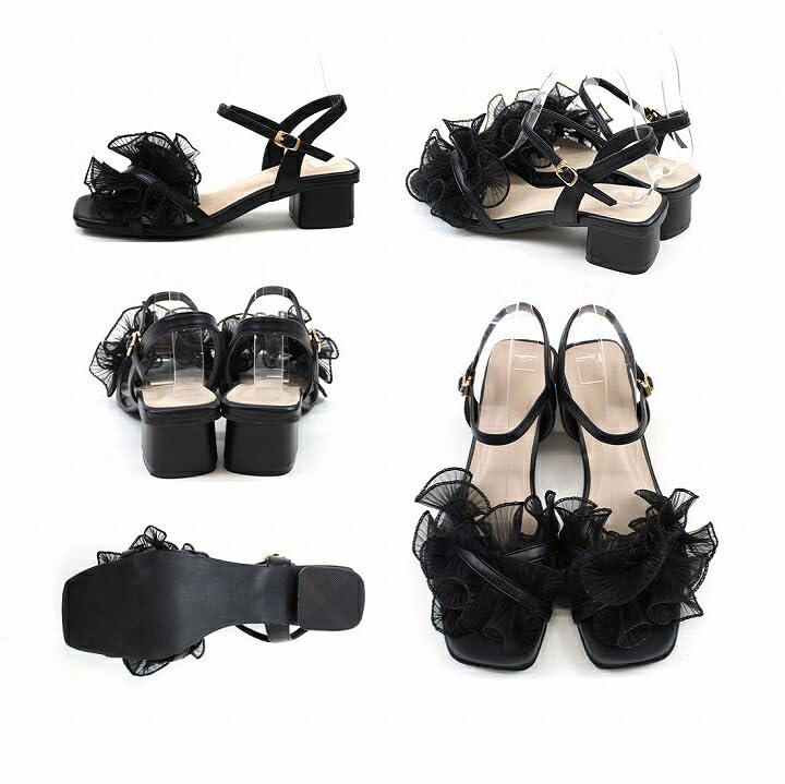Vivian Ankle Strap Ruffled Tulle Sheer Sandals with 4cm Chunky Size S V33100SM Women's Heel, Black, (22.0-22.5cm),