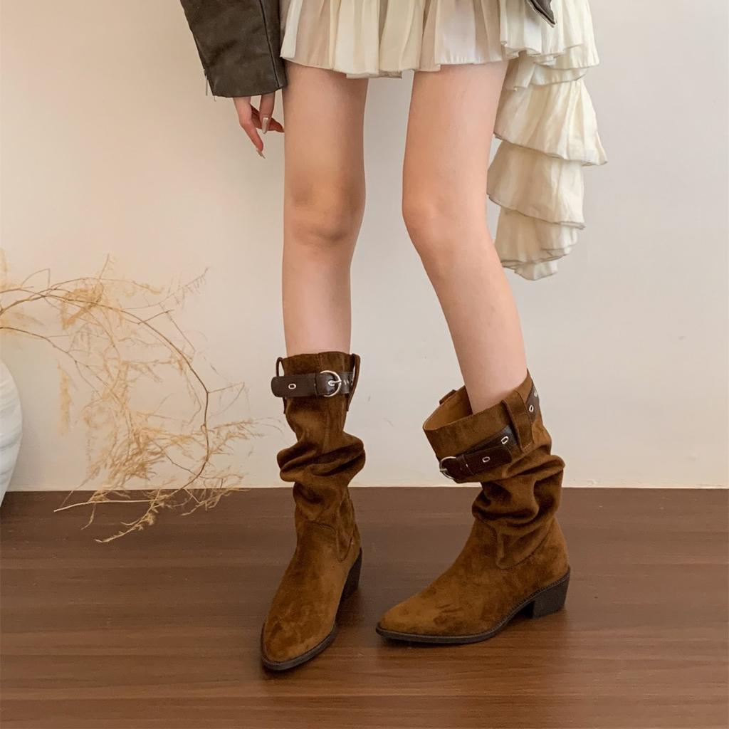 "American Lazy" Vintage Pleated Pile Boots Women's Autumn and Winter Pointed Western Cowboy Boots Coarse Heel Medium Knight Boots
