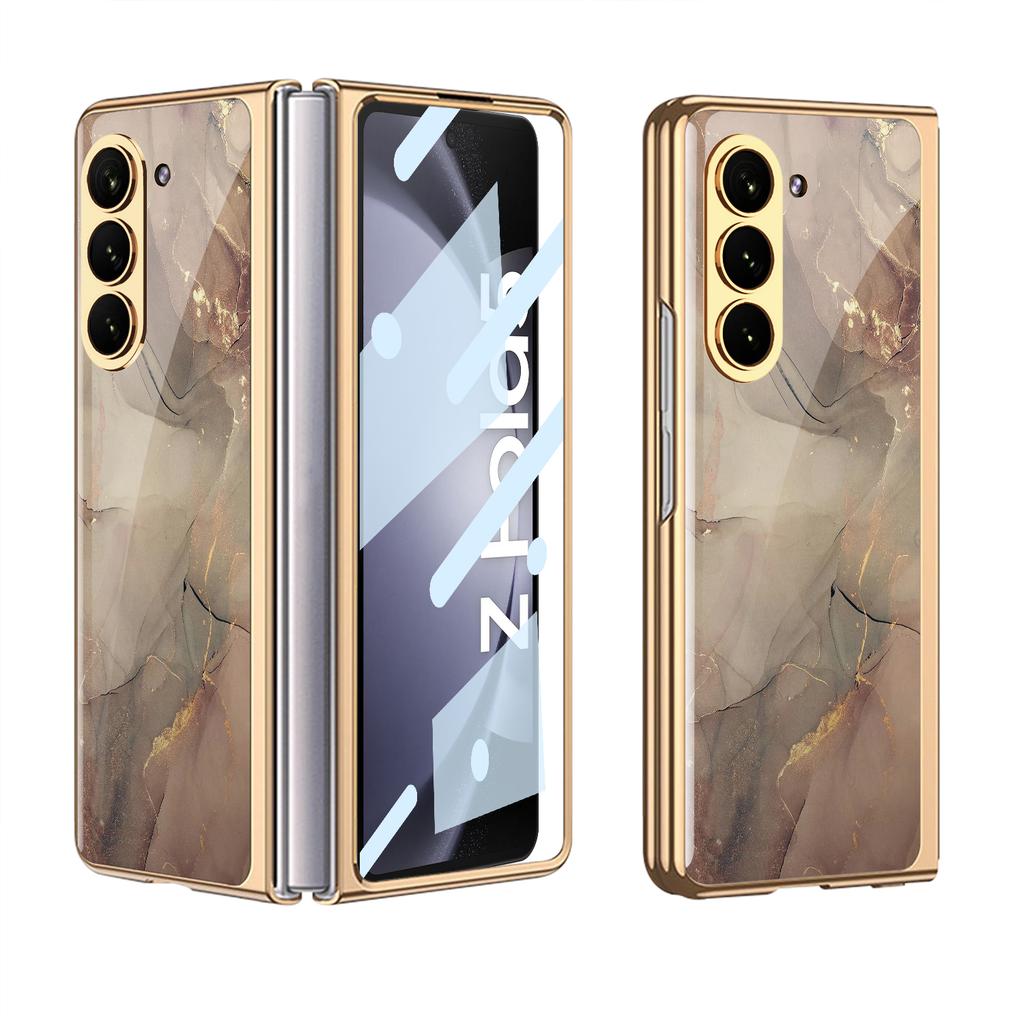 Luxury Plating Screen Glass Case For Samsung Galaxy Z Fold 7 6 5 Case Back Painted Pattern Glass Plastic Cover For Galaxy Z Fold 6