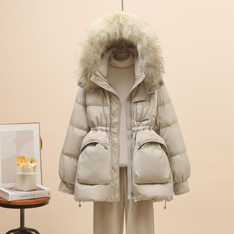 Winter New Down Jacket Women's Short Real Raccoon Big Fur Collar Waist and Thin Fashionable White Duck Down Jacket