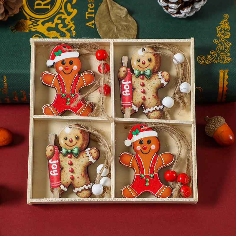 12 Colorful Gingerbread Man Pendants in Wooden Box - New Christmas Tree Ornaments