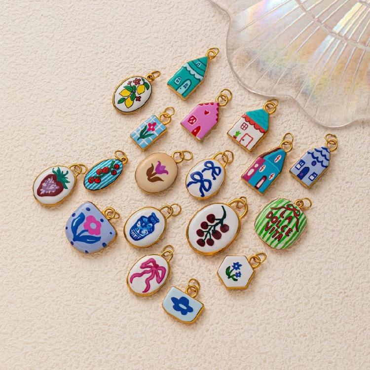 Modern Elliptical Jewelry Component Floral House Print Accessories Stainless Steel Charm for Handmade Enthusiasts