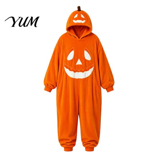 Unisex flísové pyžamo Halloweenský dýňový overal pro dospělé, Plyšový kostým s kapucí pro dospělé, Nadměrný volný domácí oblečení, Vtipný podzimní