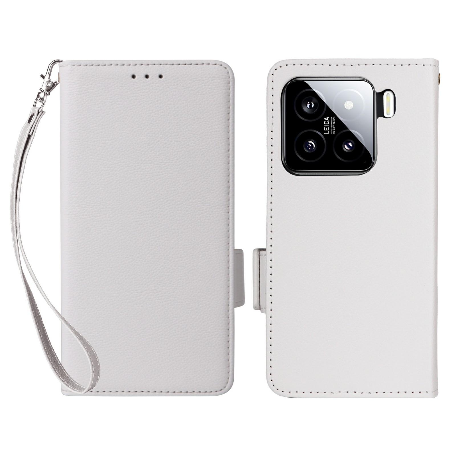 

For Xiaomi 15 Case with Wrist Strap Litchi Texture PU Leather Wallet Phone Cover White