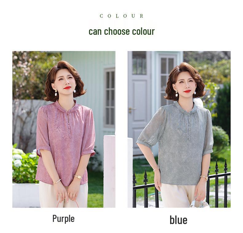 Elegant Anti-Aging Chinese Style Summer T-Shirt, Seven-Point Sleeve for Middle-Aged and Elderly Women