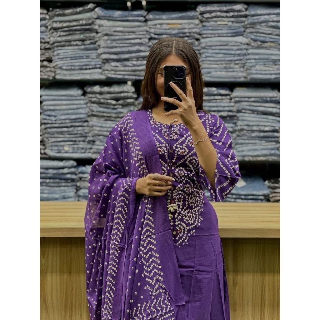 Women Bandhej Printed Kurta Pant Dupatta Set Indian Bollywood Ethnic Kurti Set