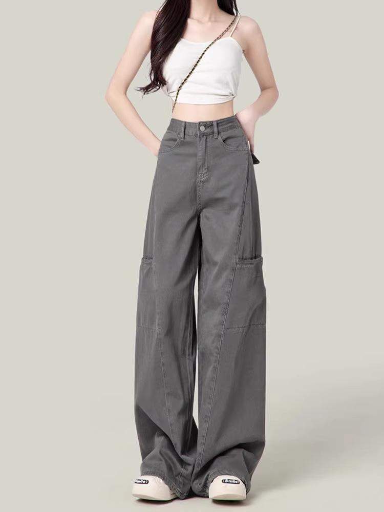 Women's Gray Wide-Leg Cargo Pants, Retro High-Waisted Slimming Jeans for Spring/Autumn 2025