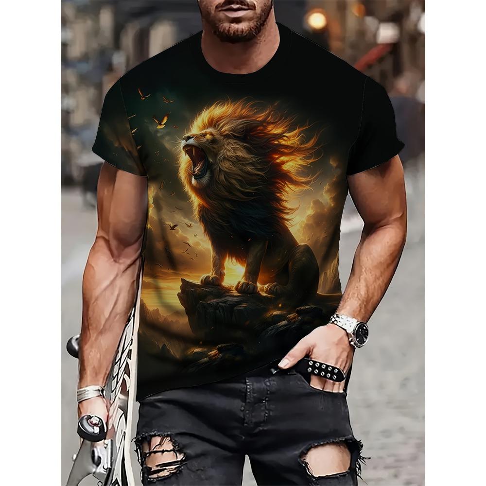 Men's T-Shirts Plus Size Colorful Lion Printed Shirt Casual Fashion Short Sleeve Round Neck Street Mens Fashion Outdoor Tshirts
