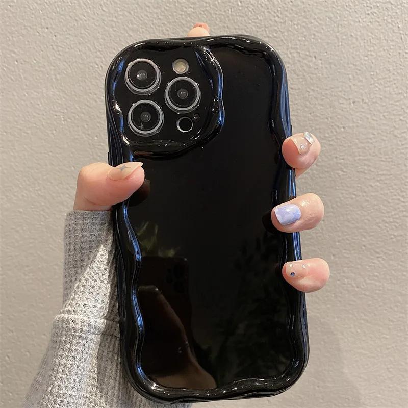 Wave Pattern Solid Color Cream For iPhone 11 12 13 14 15 16 Pro Max Plus Mini Transparent Resistant Couple Clear Shockproof Case