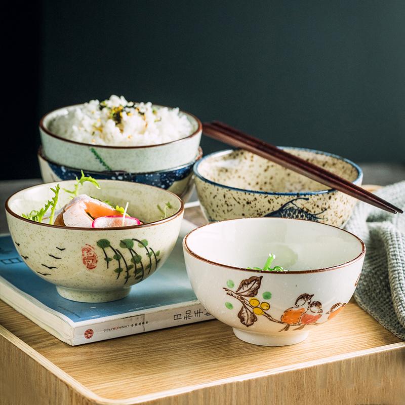 4pcs Ceramic Rice Bowl Set Cereal Soup Dessert Snack Bowl Kitchen Salad Serving Bowl Tableware Microwave Safe Japanese Style 5"