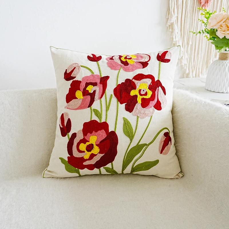 1pc Spring Embroidered Floral Cushion Cover, Soft Fabric, 45*45CM, Suitable For Living Room, Bedroom, Sofa, Home Decor
