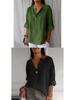 2026 Women's European & American V-neck Cotton Linen Button-up Loose T-shirt