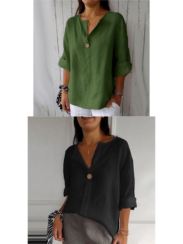 2026 Women's European & American V-neck Cotton Linen Button-up Loose T-shirt