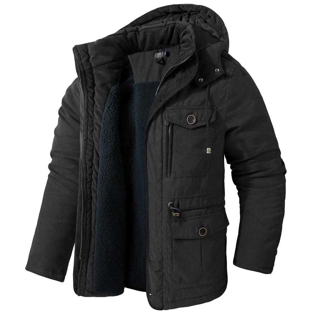 Winter Men's Jacket Large Size Warm Hooded Thickened Multi Pocket Casual Mid Length Coat