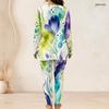 Women Plus Size Dark Blue Printed Two Piece Set Round Neck Long Sleeve Longline Top Fitted Pants