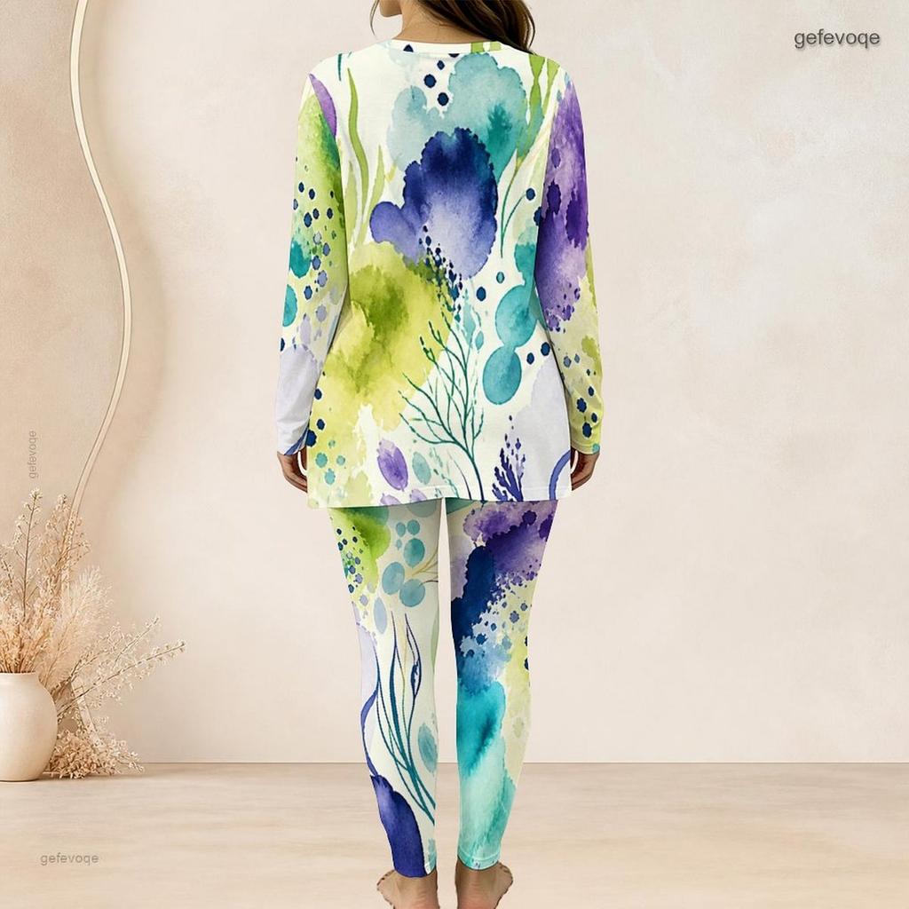 Women Plus Size Dark Blue Printed Two Piece Set Round Neck Long Sleeve Longline Top Fitted Pants